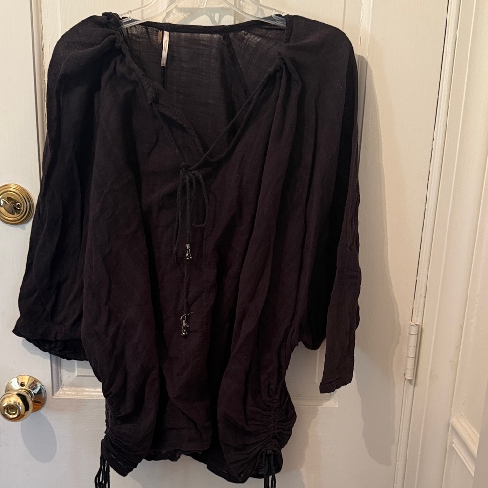 Free People black cotton top/beach cover w drawstring at neck and at sides sz S